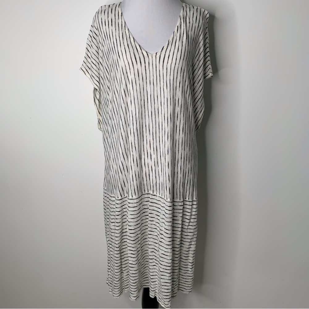 Eileen Fisher Cream and Black Striped V-Neck Midi Dress